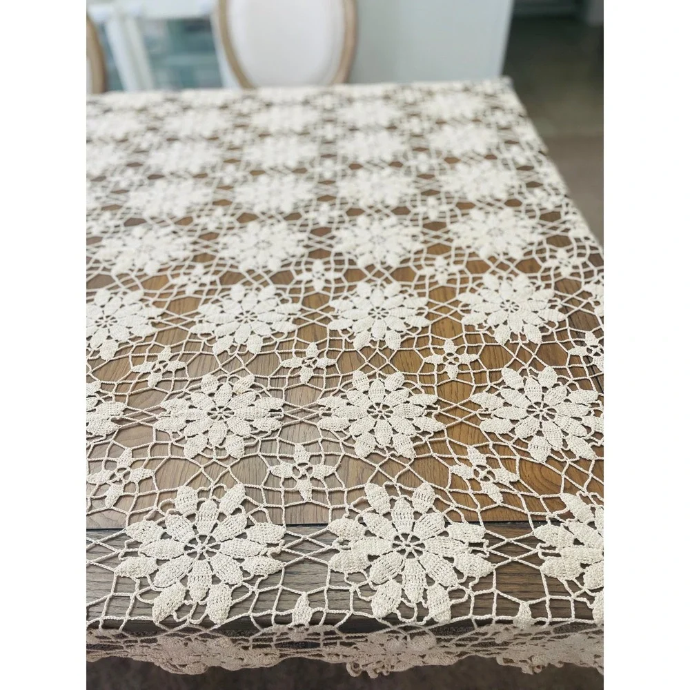 Vintage Hand Crocheted Lace Tablecloth Cream Ivory Floral Rectangular 60x80